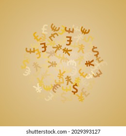 Euro dollar pound yen golden icons scatter money vector illustration. Commerce backdrop. Currency tokens british, japanese, european, american money exchange elements graphic design.