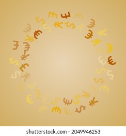 Euro dollar pound yen golden signs scatter money vector design. Payment concept. Currency symbols british, japanese, european, american money exchange elements background.