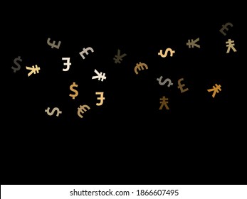Euro dollar pound yen metallic icons flying currency vector background. Financial pattern. Currency pictograms british, japanese, european, american money exchange elements wallpaper.