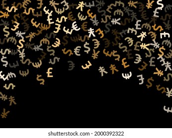 Euro dollar pound yen metallic signs flying money vector design. Jackpot backdrop. Currency pictograms british, japanese, european, american money exchange signs graphic design.