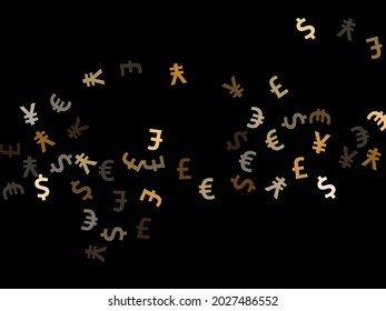 Euro dollar pound yen metallic signs scatter money vector background. Success concept. Currency tokens british, japanese, european, american money exchange elements wallpaper.