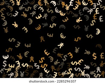 Euro dollar pound yen metallic signs scatter currency vector design. Commerce pattern. Currency pictograms british, japanese, european, american money exchange signs wallpaper.