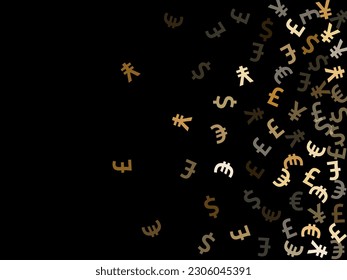 Euro dollar pound yen metallic signs scatter currency vector background. Sale backdrop. Currency icons british, japanese, european, american money exchange signs background.
