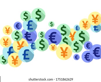 Euro dollar pound yen round signs flying currency vector background. Marketing backdrop. Currency symbols british, japanese, european, american money exchange signs graphic design.