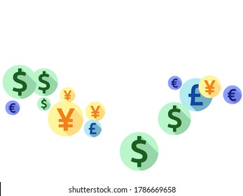 Euro dollar pound yen round symbols scatter money vector illustration. Income pattern. Currency icons british, japanese, european, american money exchange elements wallpaper.