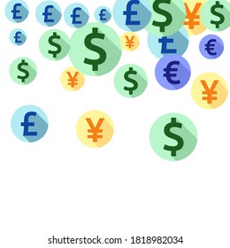 Euro dollar pound yen round symbols flying currency vector illustration. Marketing backdrop. Currency icons british, japanese, european, american money exchange signs wallpaper.