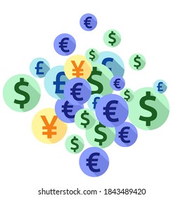 Euro dollar pound yen round signs scatter money vector design. Success concept. Currency tokens british, japanese, european, american money exchange elements background.