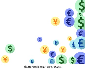 Euro dollar pound yen round icons scatter currency vector background. Payment pattern. Currency pictograms british, japanese, european, american money exchange signs wallpaper.