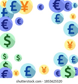 Euro dollar pound yen round signs scatter money vector illustration. Jackpot backdrop. Currency pictograms british, japanese, european, american money exchange signs wallpaper.