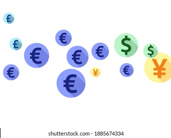 Euro dollar pound yen round symbols scatter currency vector design. Economy backdrop. Currency icons british, japanese, european, american money exchange elements graphic design.