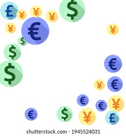 Euro dollar pound yen round symbols flying money vector illustration. Profit growth backdrop. Currency icons british, japanese, european, american money exchange signs wallpaper.