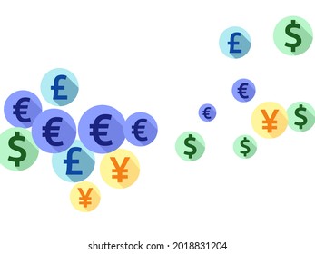 Euro dollar pound yen round icons scatter money vector design. Sale backdrop. Currency symbols british, japanese, european, american money exchange elements background.