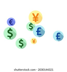 Euro dollar pound yen round symbols scatter money vector illustration. Investment concept. Currency symbols british, japanese, european, american money exchange signs background.