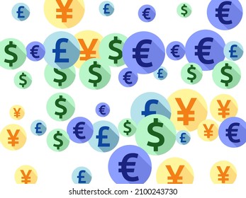 Euro dollar pound yen round symbols flying money vector illustration. Financial concept. Currency icons british, japanese, european, american money exchange signs graphic design.