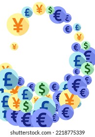 Euro dollar pound yen round signs scatter money vector design. Forex pattern. Currency icons british, japanese, european, american money exchange signs background.