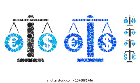 Euro and Dollar scales composition of filled circles in different sizes and color tinges, based on Euro and Dollar scales icon. Vector filled circles are united into blue composition.