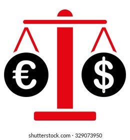 Euro and Dollar Scales vector icon. Style is bicolor flat symbol, intensive red and black colors, rounded angles, white background.