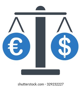 Euro and Dollar Scales vector icon. Style is bicolor flat symbol, smooth blue colors, rounded angles, white background.