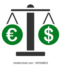 Euro and Dollar Scales vector icon. Style is bicolor flat symbol, green and gray colors, rounded angles, white background.