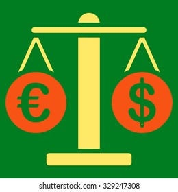 Euro and Dollar Scales vector icon. Style is bicolor flat symbol, orange and yellow colors, rounded angles, green background.