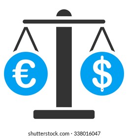 Euro and Dollar Scales vector icon. Style is bicolor flat symbol, blue and gray colors, rounded angles, white background.