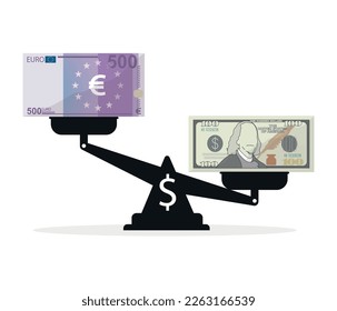 euro and dollar symbol on scales. economic crisis concept vector.
