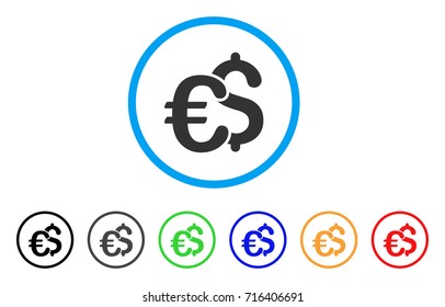 Euro And Dollar Symbols icon. Vector illustration style is a flat iconic euro and dollar symbols grey rounded symbol inside light blue circle with black, gray, green, blue, red,