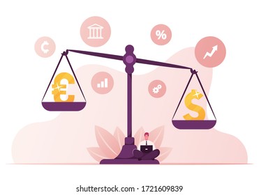 Euro and Dollar Symbols Lying on Huge Scales with Businessman Character Sitting Beneath Working on Laptop. Banking System, European and American Currency Opposition. Cartoon People Vector Illustration