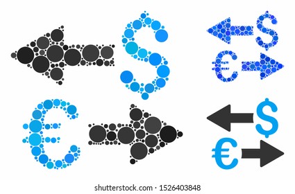 Euro Dollar transactions composition for Euro Dollar transactions icon of small circles in variable sizes and color tinges. Vector small circles are united into blue mosaic.