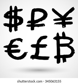 Euro Dollar Yen Bitcoin Rubel Pound grunge currencies symbols