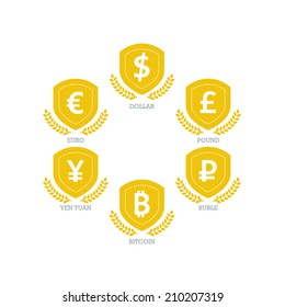 Euro Dollar Yen Yuan Bitcoin Ruble Pound Mainstream currencies symbols on shield sign. Vector illustration graphic template isolated on white background.