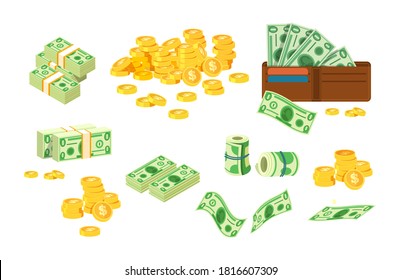 Euro and dollars money banknotes and coins. Bag of gold coins, money tree with bills, suitcase of money and wallet with paper currencies. Colorful flying dollar and euro banknotes with bundles vector