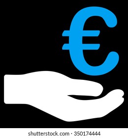 Euro Donation vector icon. Style is bicolor flat symbol, blue and white colors, rounded angles, black background.