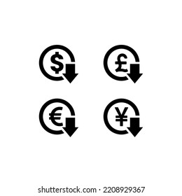 Euro Down Icon, Dollar Down Icon, Yen Down Icon On White Background. Decreasing value of euro. Cost reduction icon concept isolated on white background. Vector illustration.