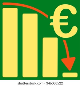 Euro Epic Fail Crisis vector icon. Style is bicolor flat symbol, orange and yellow colors, rounded angles, green background.