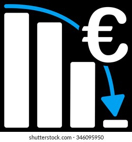 Euro Epic Fail Crisis vector icon. Style is bicolor flat symbol, blue and white colors, rounded angles, black background.