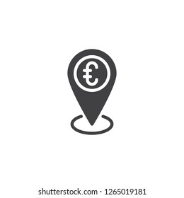 Euro exchange map marker vector icon. filled flat sign for mobile concept and web design. Euro bank location pin simple solid icon. Symbol, logo illustration. Pixel perfect vector graphics