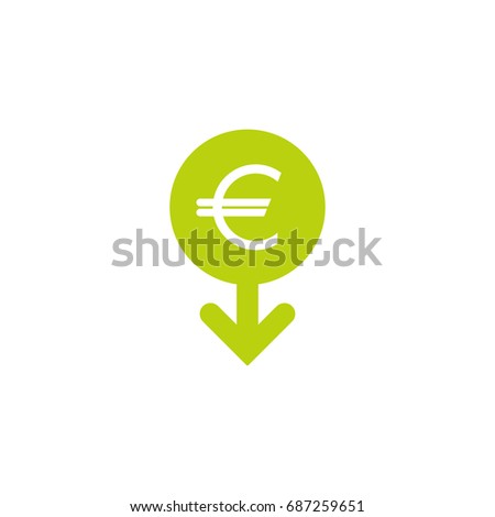 Euro fall vector icon. White dollar sign in green circle with arrow down. Flat icon. Isolated on white. Economy, finance, money symbol. Currency pictogram. Vector illustration.