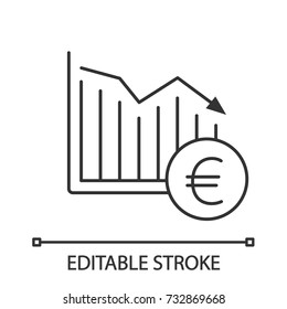 Euro falling linear icon. Statistics diagram with European currency sign. Thin line illustration. Financial collapse. Contour symbol. Vector isolated outline drawing. Editable stroke
