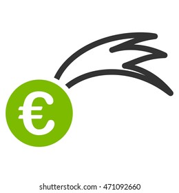Euro Falling Meteor icon. Vector style is bicolor flat iconic symbol with rounded angles, eco green and gray colors, white background.