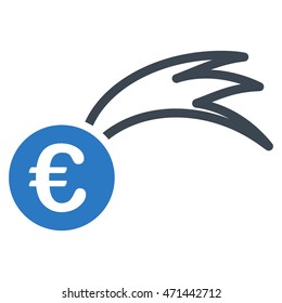 Euro Falling Meteor icon. Vector style is bicolor flat iconic symbol with rounded angles, smooth blue colors, white background.