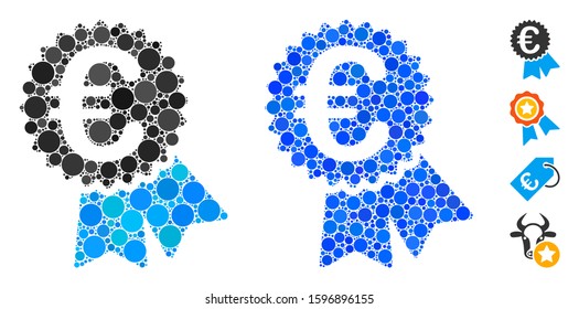 Euro featured price tag mosaic of circle elements in different sizes and shades, based on Euro featured price tag icon. Vector circle elements are composed into blue mosaic.