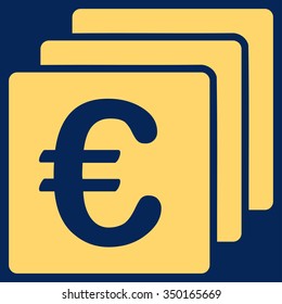 Euro Finances vector icon. Style is flat symbol, yellow color, rounded angles, blue background.