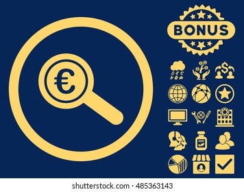 Euro Financial Audit icon with bonus elements. Vector illustration style is flat iconic symbols, yellow color, blue background.