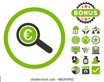 Euro Financial Audit icon with bonus design elements. Vector illustration style is flat iconic bicolor symbols, eco green and gray colors, white background.