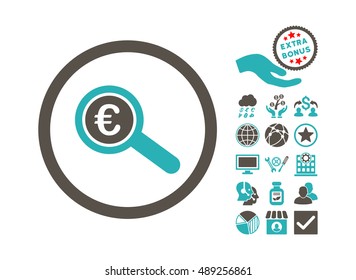 Euro Financial Audit icon with bonus icon set. Vector illustration style is flat iconic bicolor symbols, grey and cyan colors, white background.