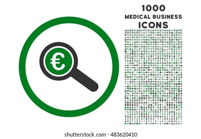 Euro Financial Audit rounded vector bicolor icon with 1000 medical business icons. Set style is flat pictograms, green and gray colors, white background.