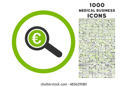 Euro Financial Audit rounded vector bicolor icon with 1000 medical business icons. Set style is flat pictograms, eco green and gray colors, white background.