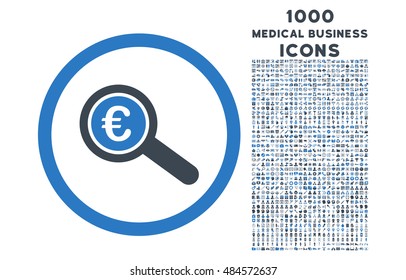 Euro Financial Audit rounded vector bicolor icon with 1000 medical business icons. Set style is flat pictograms, smooth blue colors, white background.