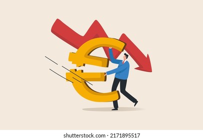 Euro Financial crisis. Euro currency crisis. Monetary policy crisis. Depression European Union economy. A businessman tries to support the falling Euro coin symbol.